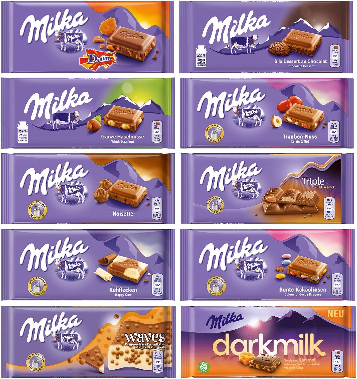Milka Chocolate Assortment, Pack of 10 Tablets, Random Selection of 10 Different Flavors, Alpine Milk Chocolate